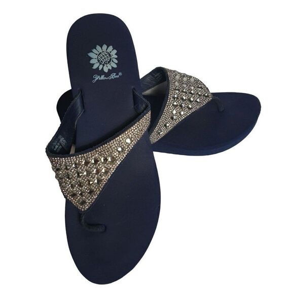 Yellow Box Women's Silver Embellished Blue Leather Slides Sandals size 10 - Picture 2 of 7